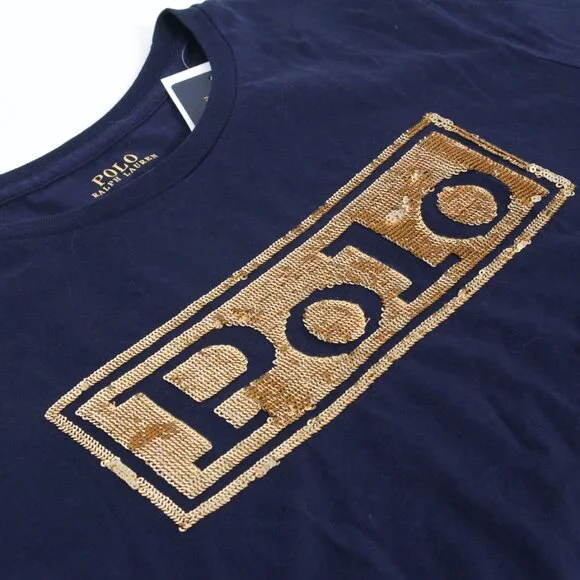 NWT Polo Ralph Lauren Gold Sequin POLO Logo Womens Navy Cotton T-Shirt, Small - Picture 4 of 10